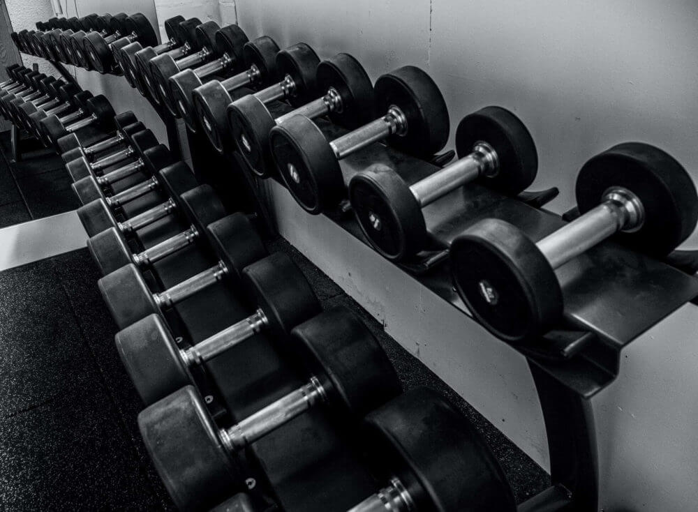 two rows of dumbbells