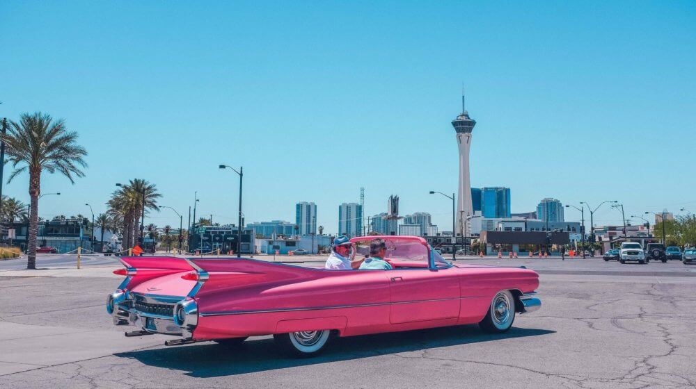 A vintage pink car in Las Vegas