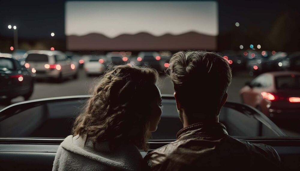Couple watching a movie in a drive-in cinema theater in the evening