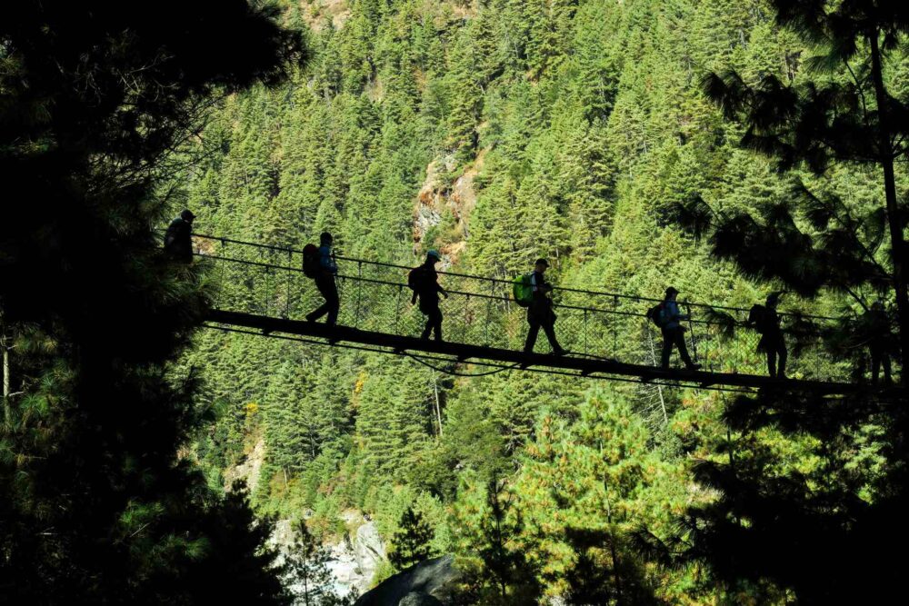 five person walking on hanging bridge