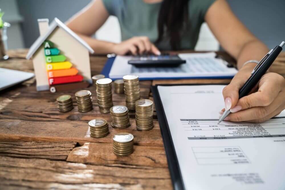  Woman calculating and piles of coins