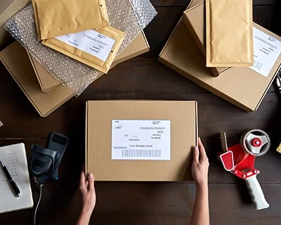 Person packing moving box at home