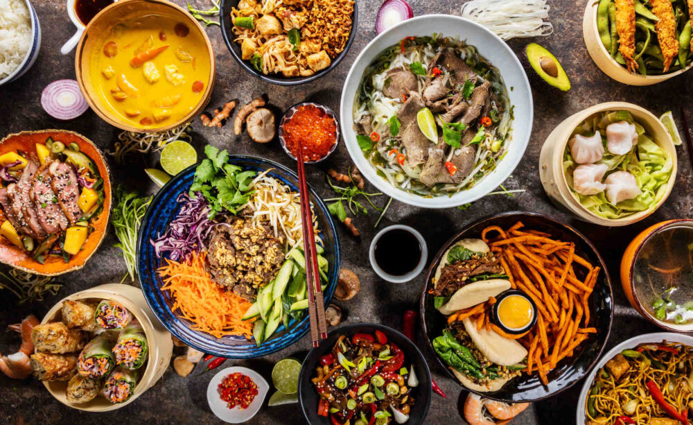 table filled with food in a restaurant