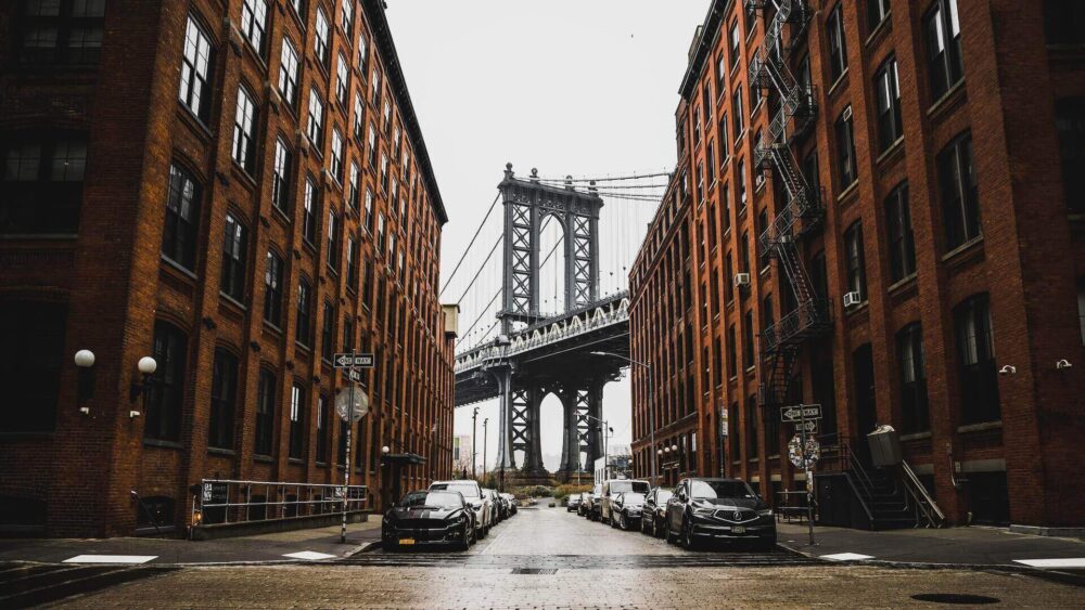 A view of the Brooklyn Bridge from the streets of New York