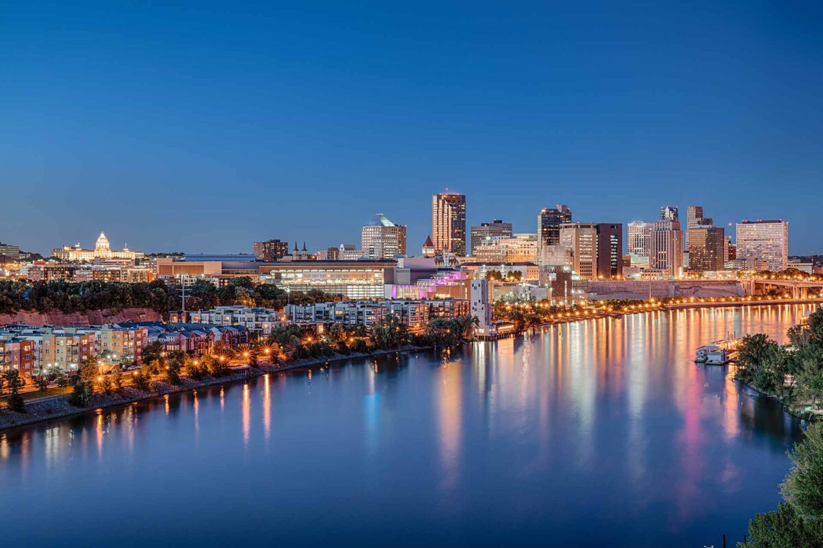 St. Paul, Minnesota night skyline along the Mississippi River