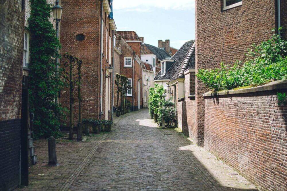 A street with brick buildings