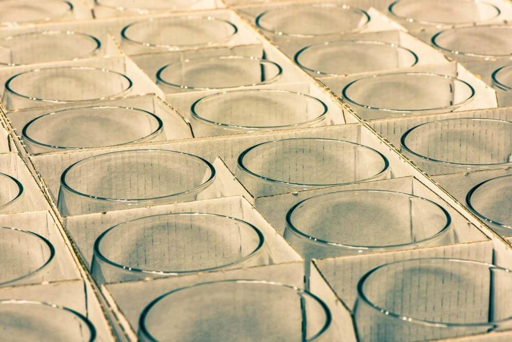 a bunch of wine glasses stacked neatly into a box with dividers