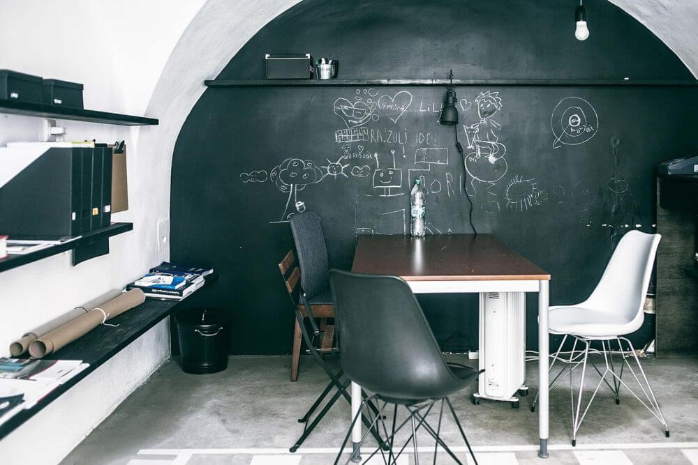 a dining room with a blackboard wall