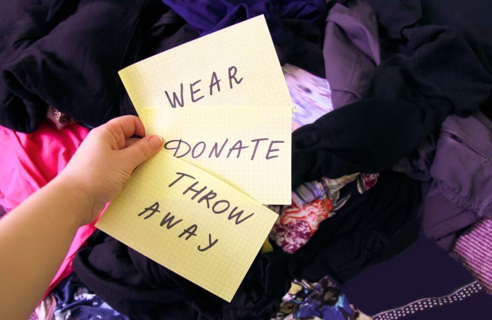 Wear, donate and throw away signs on three pieces of paper