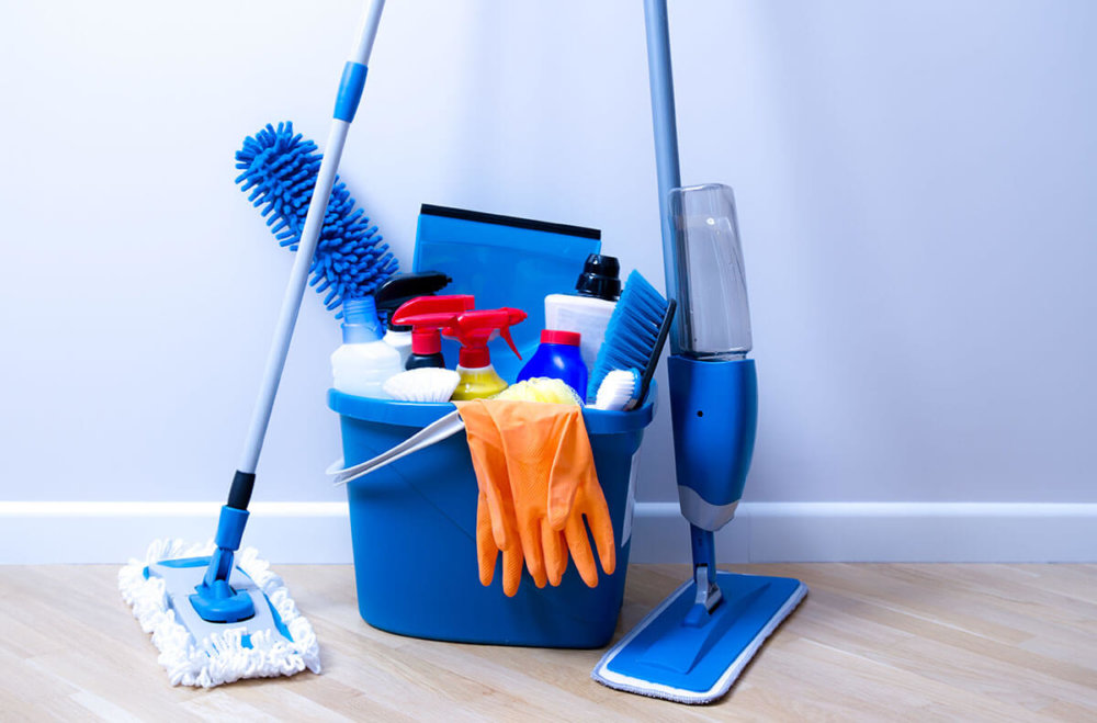 The cleaning supplies gathered in one place after long-distance moving services