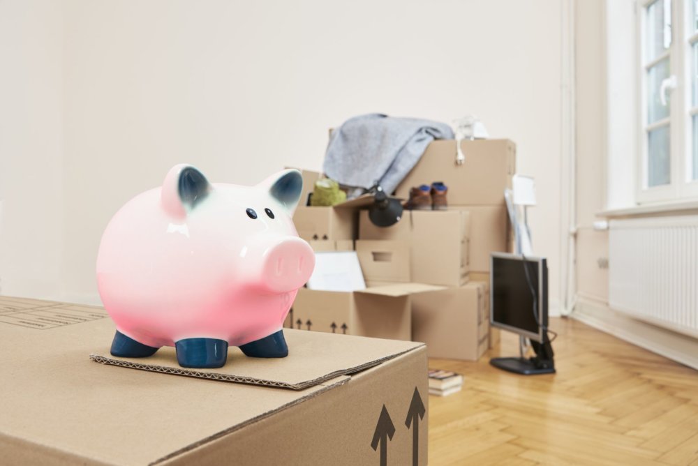 a piggy bank on a box, in front of more boxes, before cross-country moving
