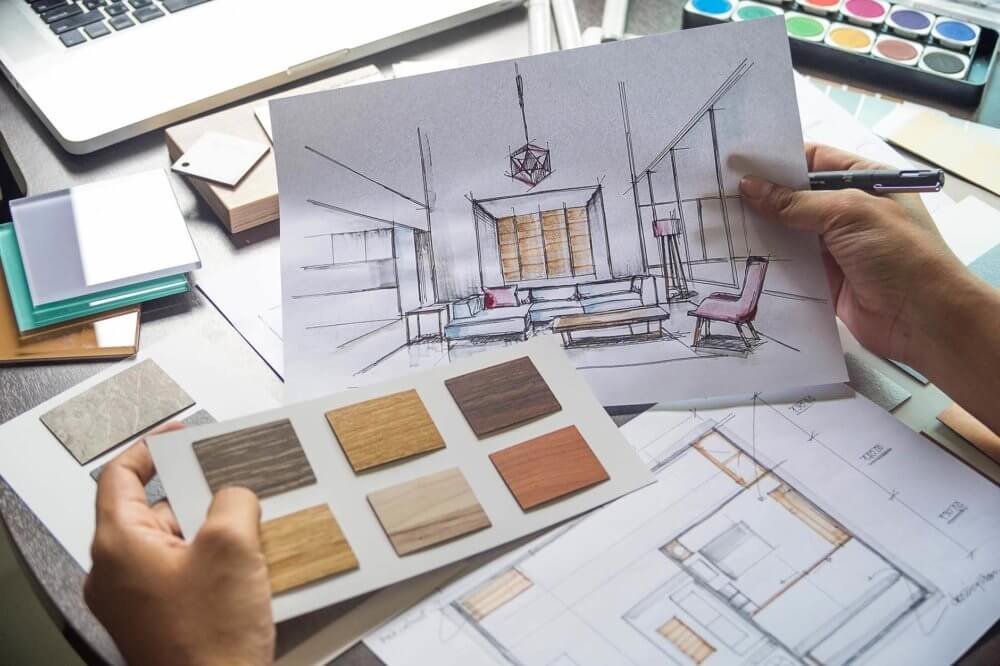 Sketch and palette of colors and materials that can be used when building and redecorating 