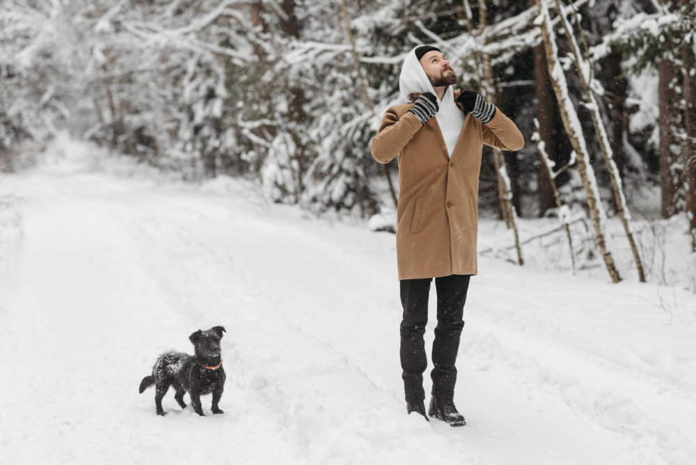 A person and a dog in the snow