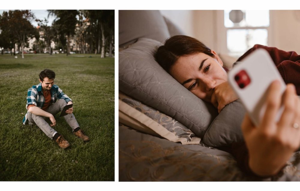 A split-screen of a couple video chatting