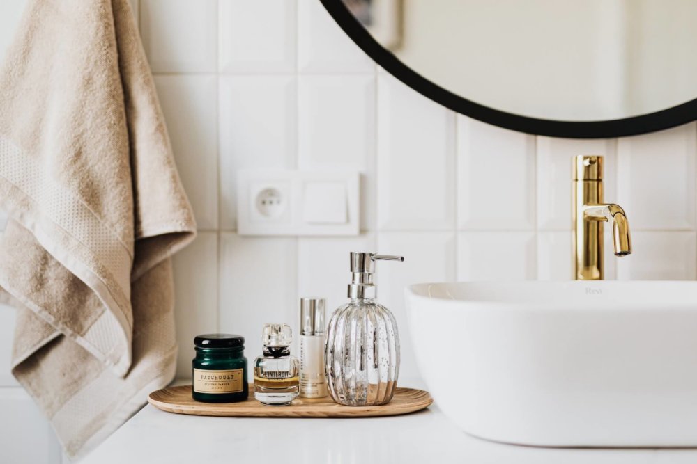 toiletries in a bathroom after cross-country moving