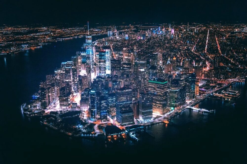 Aerial view of NYC at night
