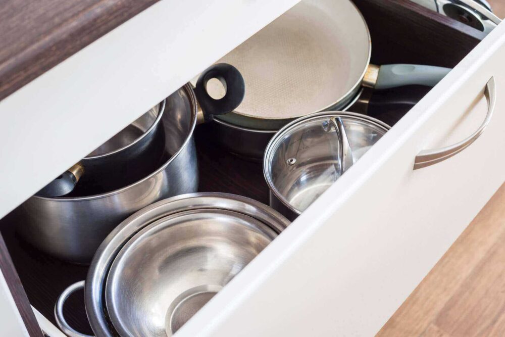 Pots and pans in a drawer
