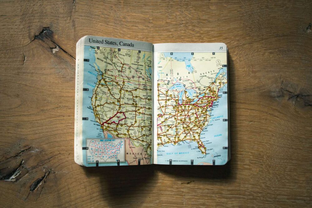 A road trip manual showing a map of the United States
