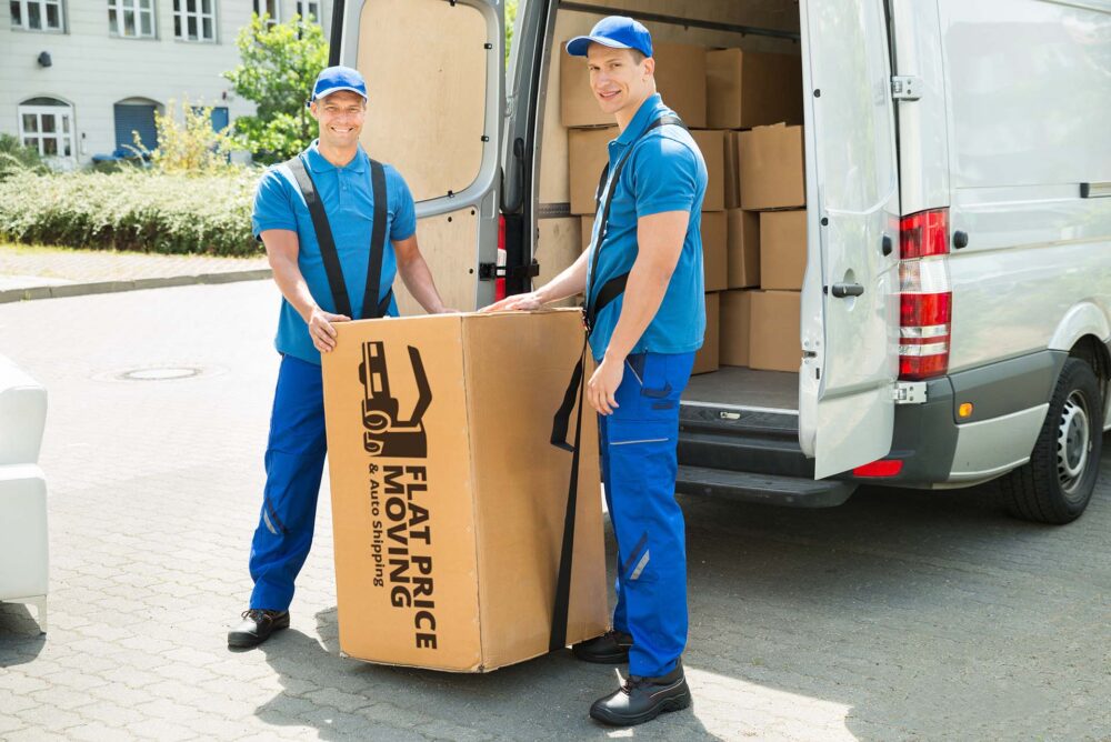 Two long-distance movers carrying box