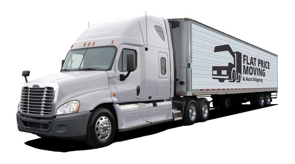 A moving truck with a Flat Price Auto Transport and Moving logo