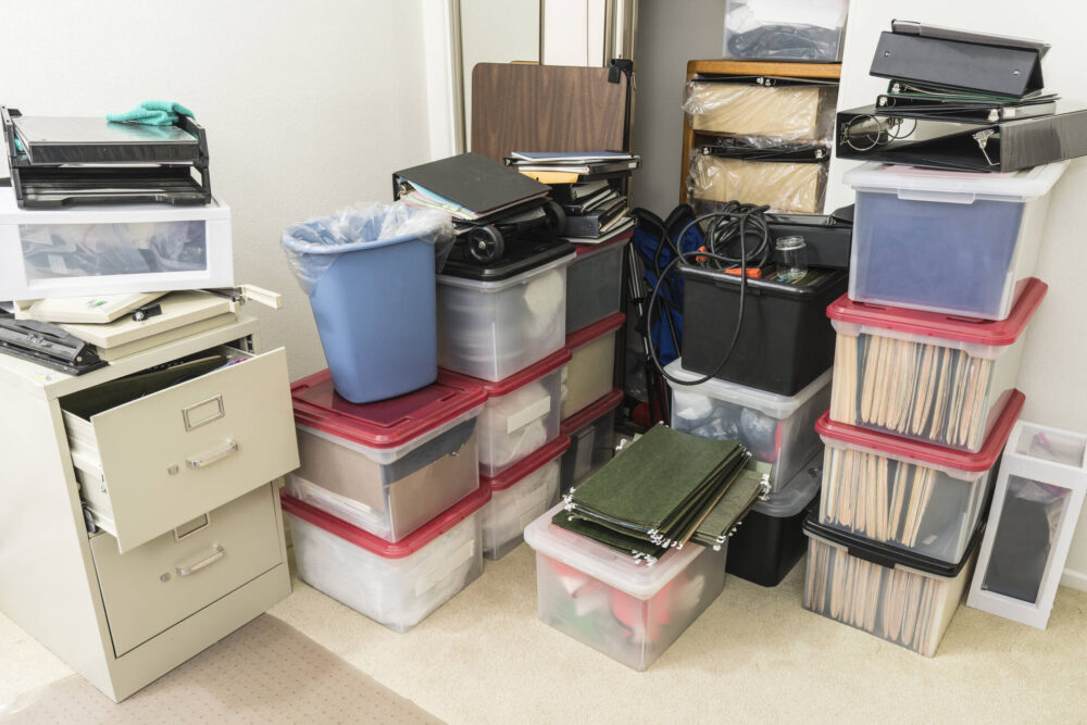 A bunch of recyclable materials in a storeroom