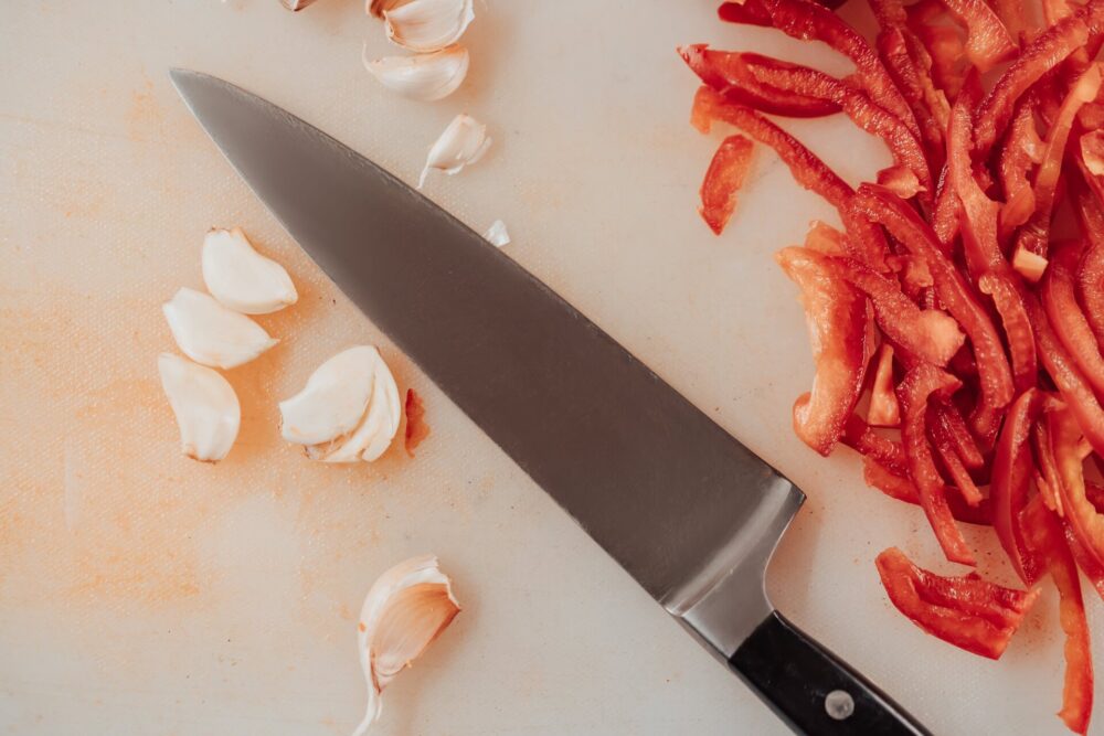 A knife on a cutting board