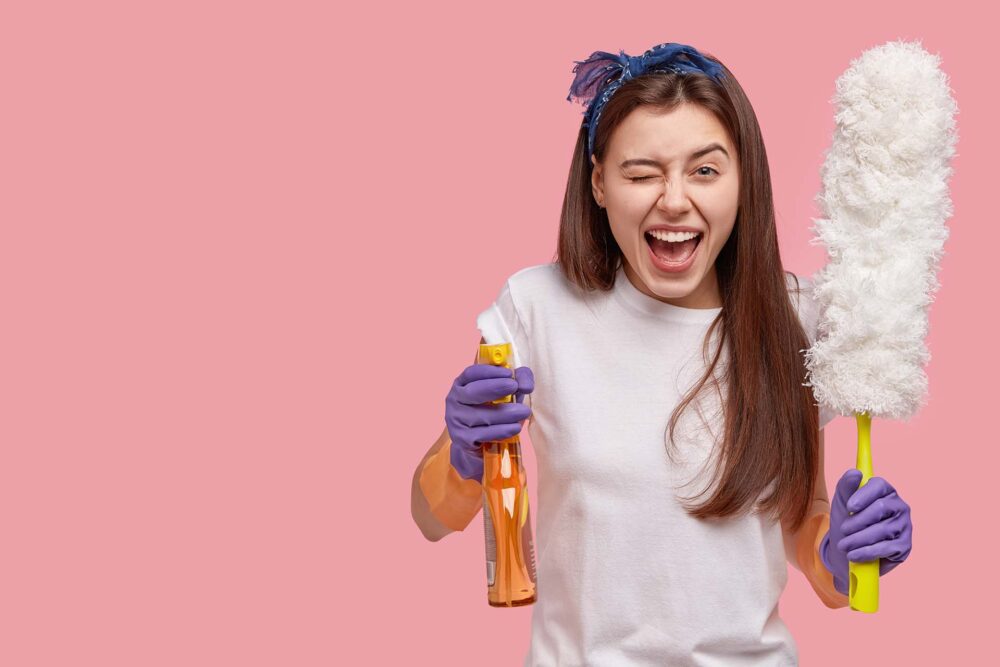 A girl is getting ready to clean