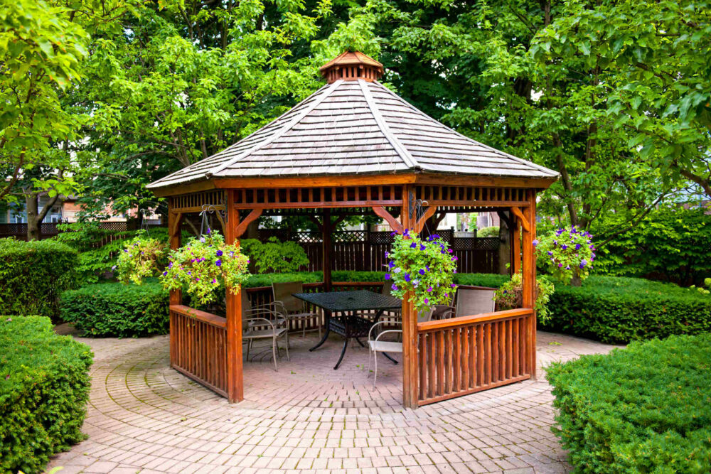 Wooden gazebo in a backyard