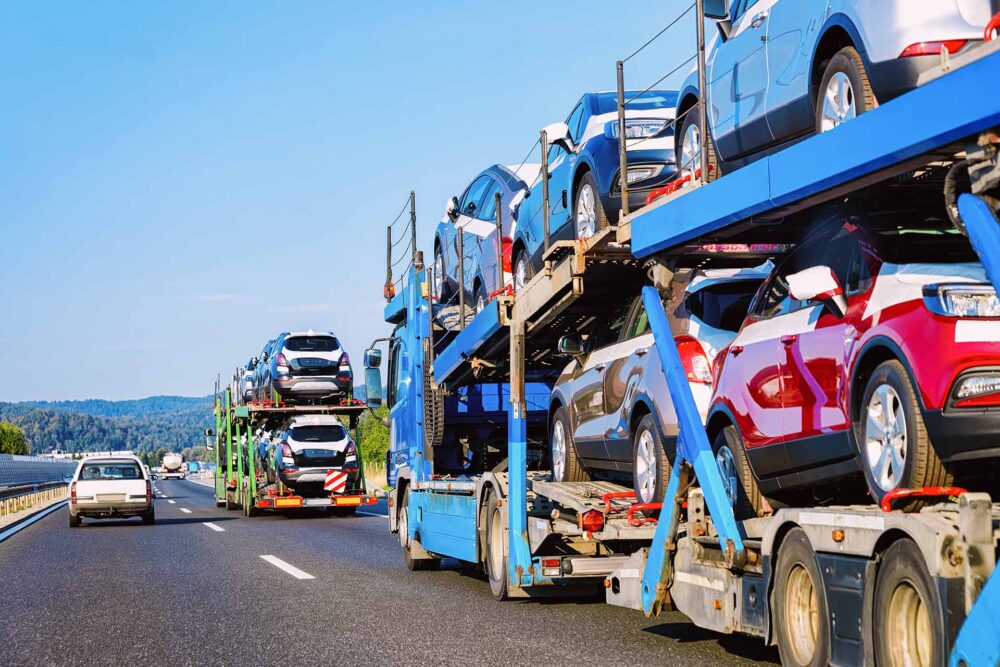 Cars carrier truck on the highway asphalt road